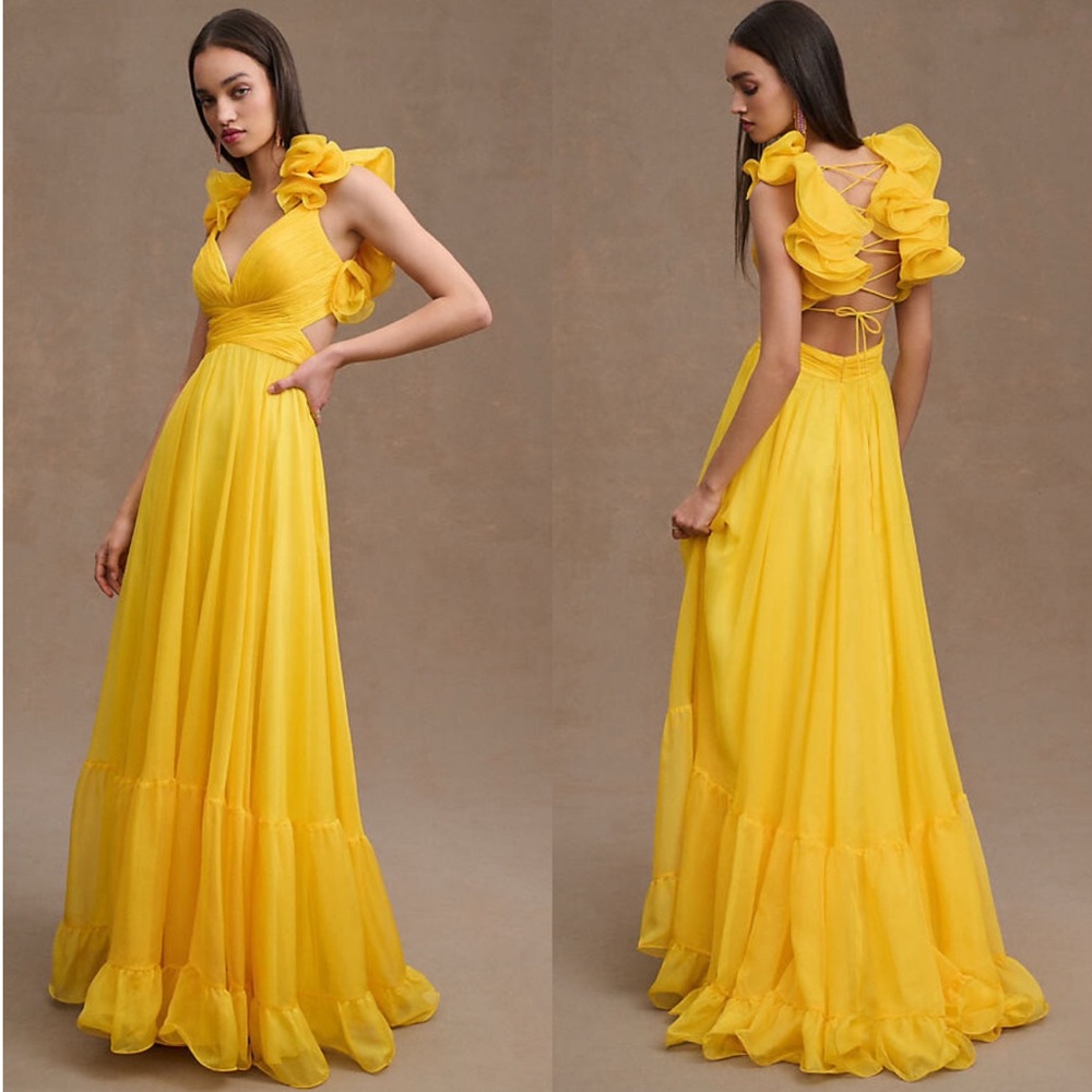 NWT Mac Duggal 67911 Neon Yellow Ruffle Tiered Cut-Out Chiffon Gown Size 4 - Picture 4 of 9